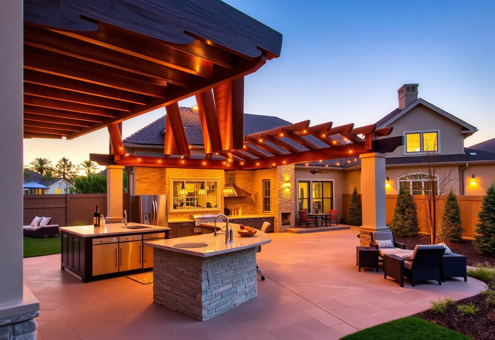 Luxury Outdoor Living Space With Custom Pergola And Kitchen